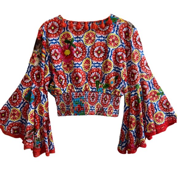 NWT Antica Sartoria Embroidered Tassel Crop Top Multicolor Boho One Size - Picture 4 of 10